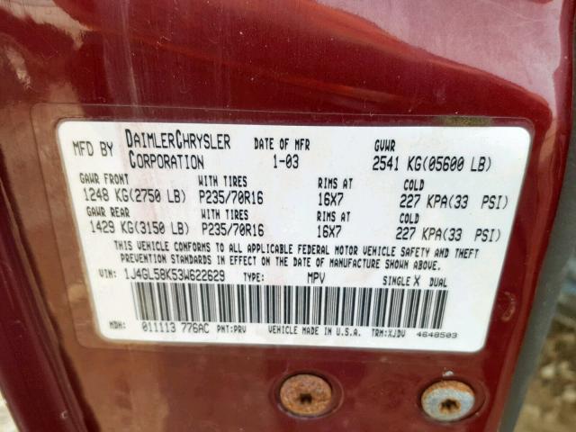 1J4GL58K53W622629 - 2003 JEEP LIBERTY LI MAROON photo 10