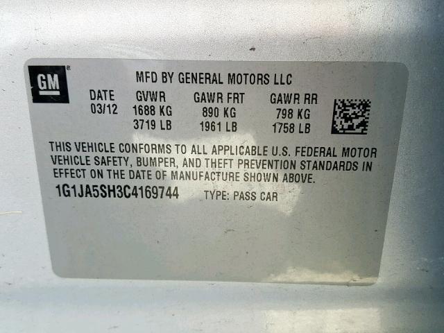 1G1JA5SH3C4169744 - 2012 CHEVROLET SONIC LS 银色 照片 10