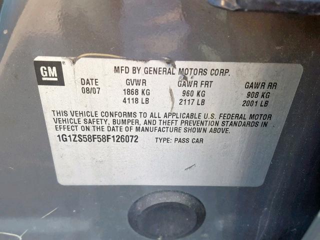 1G1ZS58F58F126072 - 2008 CHEVROLET MALIBU LS GRAY photo 10