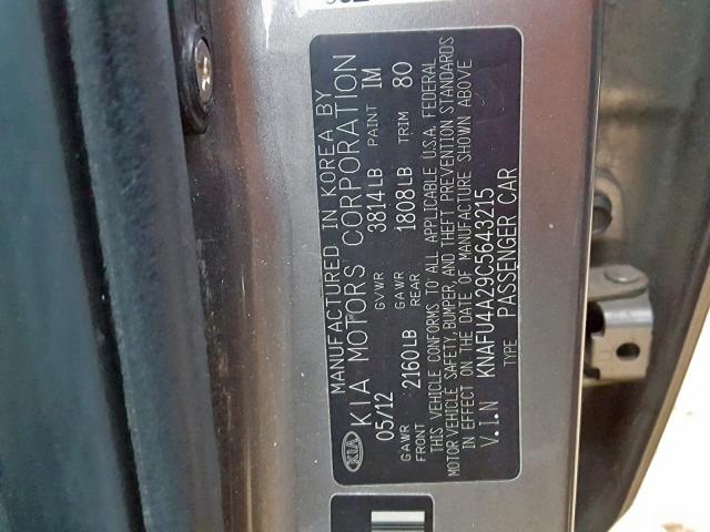 KNAFU4A29C5643215 - 2012 KIA FORTE EX GRAY photo 10