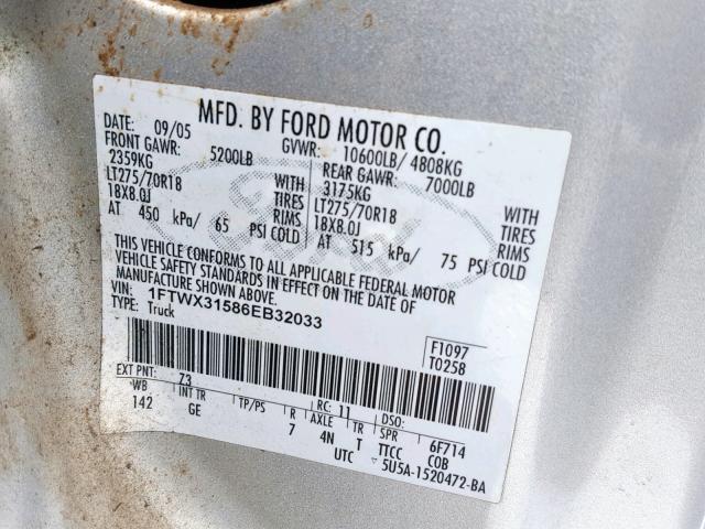 1FTWX31586EB32033 - 2006 FORD F350 SRW S SILVER photo 10