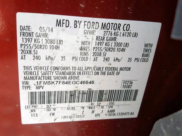 1FM5K7F84EGC46646 - 2014 FORD EXPLORER L RED photo 10