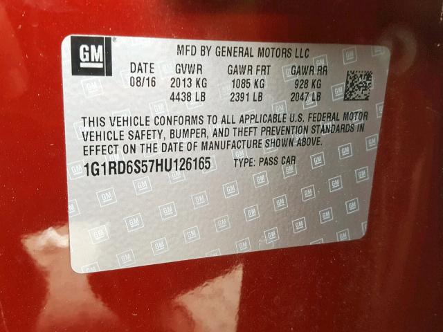 1G1RD6S57HU126165 - 2017 CHEVROLET VOLT PREMI RED photo 10