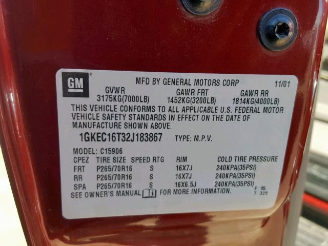 1GKEC16T32J183867 - 2002 GMC YUKON XL C RED photo 10