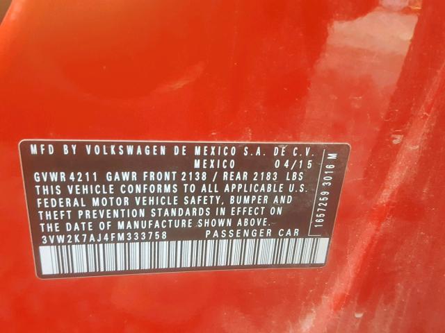 3VW2K7AJ4FM333758 - 2015 VOLKSWAGEN JETTA BASE RED photo 10