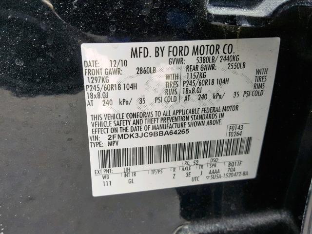 2FMDK3JC9BBA64265 - 2011 FORD EDGE SEL BLACK photo 10