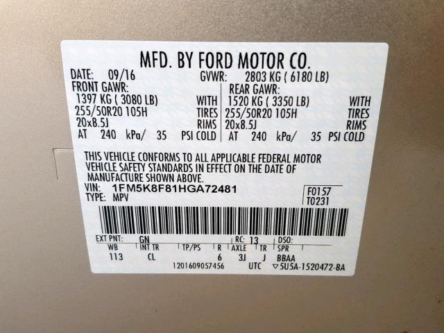 1FM5K8F81HGA72481 - 2017 FORD EXPLORER L GOLD photo 10