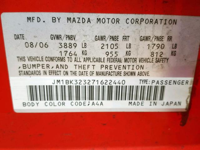 JM1BK323271622440 - 2007 MAZDA 3 S RED photo 10