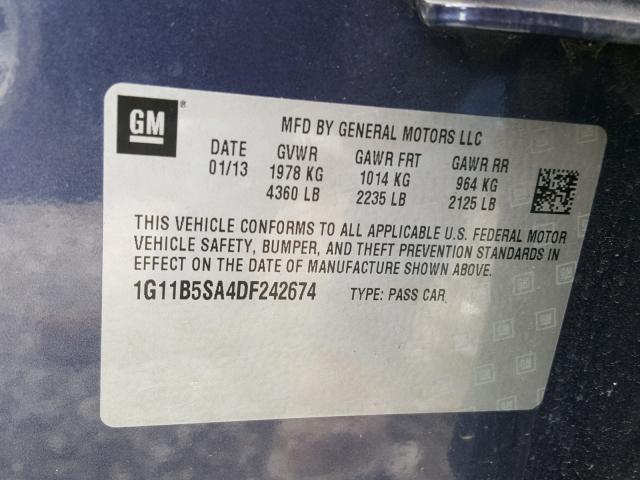 1G11B5SA4DF242674 - 2013 CHEVROLET MALIBU LS BLUE photo 10