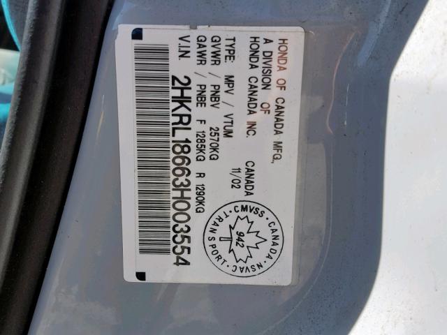 2HKRL18663H003554 - 2003 HONDA ODYSSEY EX SILVER photo 10