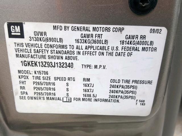 1GKEK13Z93J132340 - 2003 GMC YUKON BEIGE photo 10