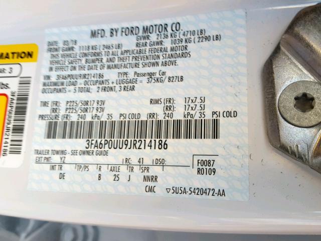 3FA6P0UU9JR214186 - 2018 FORD FUSION S H WHITE photo 10