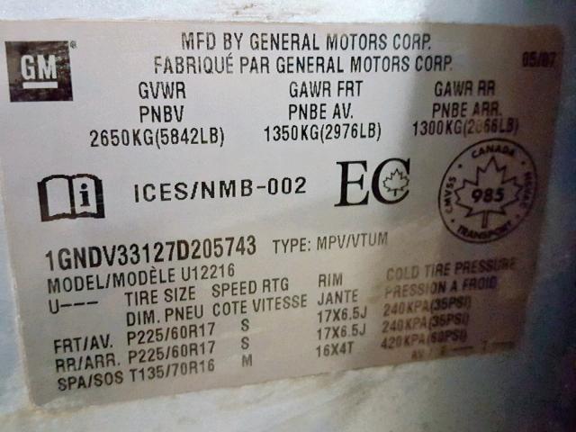 1GNDV33127D205743 - 2007 CHEVROLET UPLANDER L 蓝色 照片 10