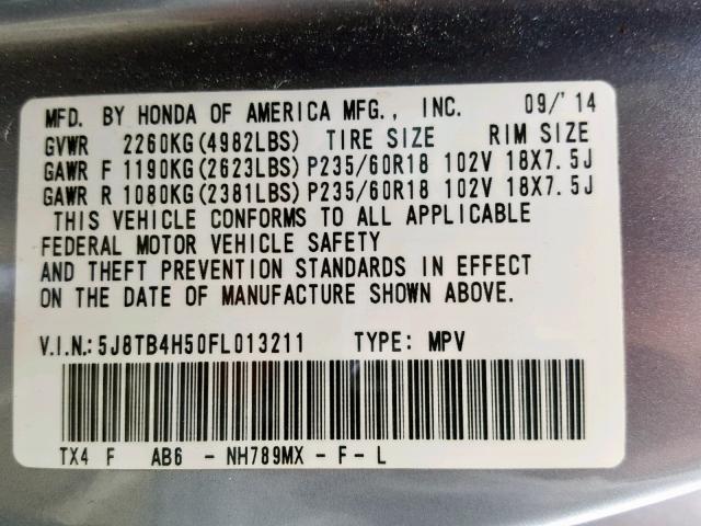 5J8TB4H50FL013211 - 2015 ACURA RDX TECHNO GRAY photo 10