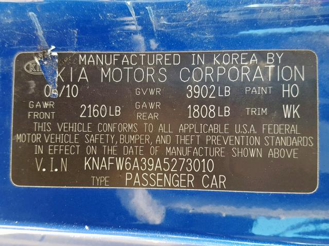 KNAFW6A39A5273010 - 2010 KIA FORTE SX BLUE photo 10