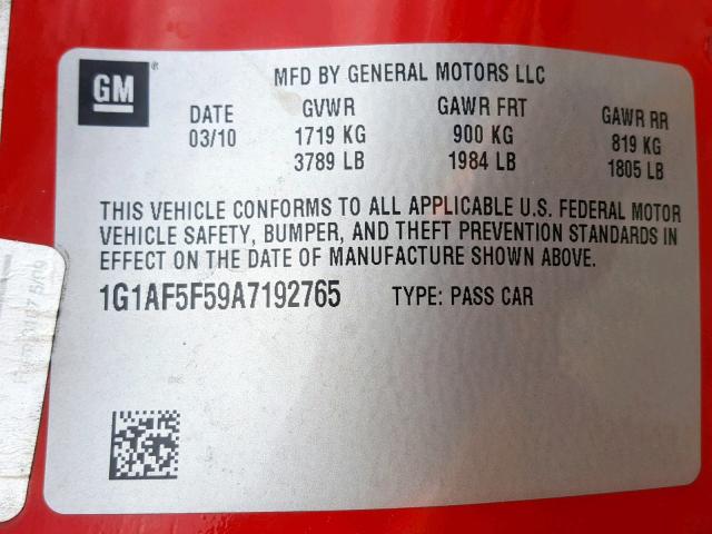 1G1AF5F59A7192765 - 2010 CHEVROLET COBALT 2LT RED photo 10