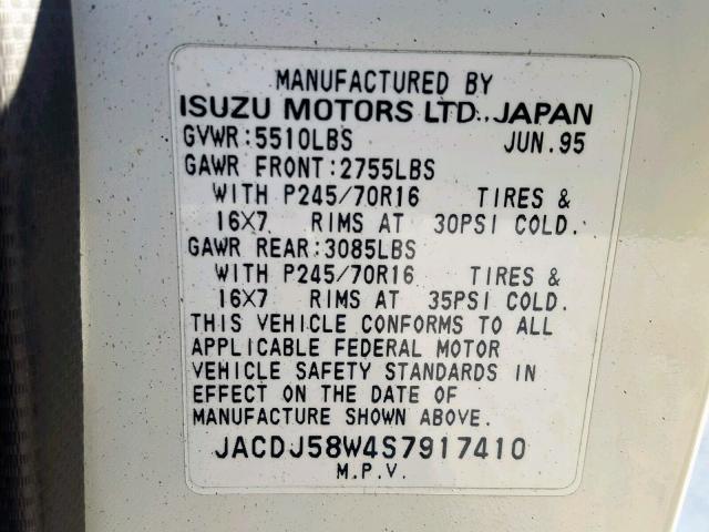 JACDJ58W4S7917410 - 1995 ISUZU TROOPER LS WHITE photo 10