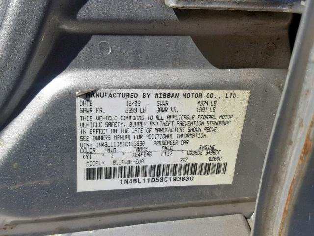 1N4BL11D53C193830 - 2003 NISSAN ALTIMA SE SILVER photo 10