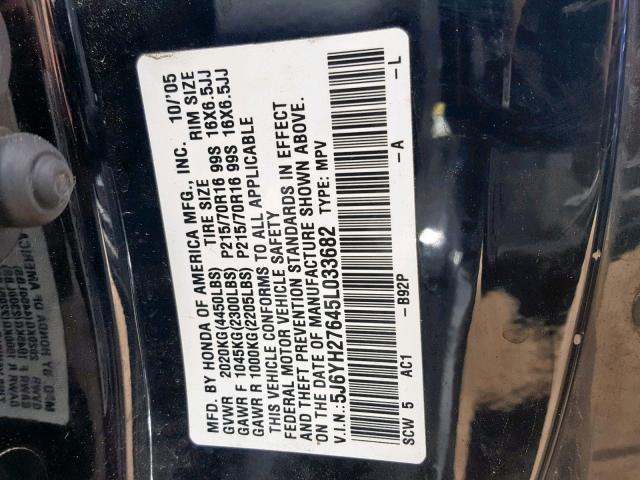 5J6YH27645L033682 - 2005 HONDA ELEMENT EX BLACK photo 10