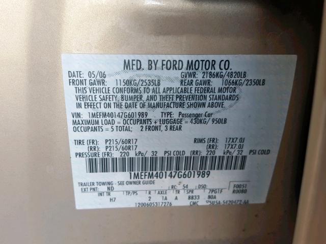 1MEFM40147G601989 - 2007 MERCURY MONTEGO LU GOLD photo 10