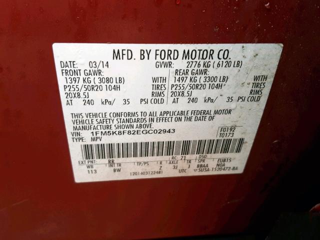 1FM5K8F82EGC02943 - 2014 FORD EXPLORER L RED photo 10