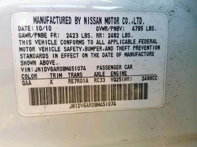 JN1DV6AR0BM451074 - 2011 INFINITI G25 WHITE photo 10