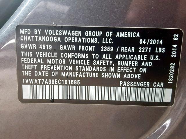 1VWAT7A39EC101585 - 2014 VOLKSWAGEN PASSAT S GRAY photo 10