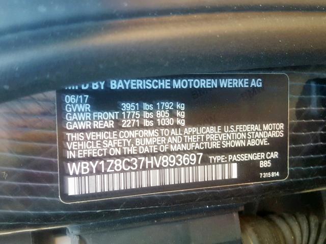 WBY1Z8C37HV893697 - 2017 BMW I3 REX WHITE photo 10