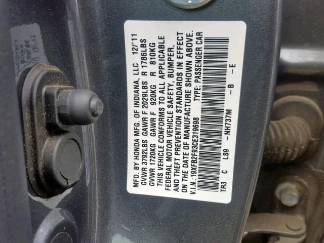 19XFB2F93CE319698 - 2012 HONDA CIVIC EXL GRAY photo 10