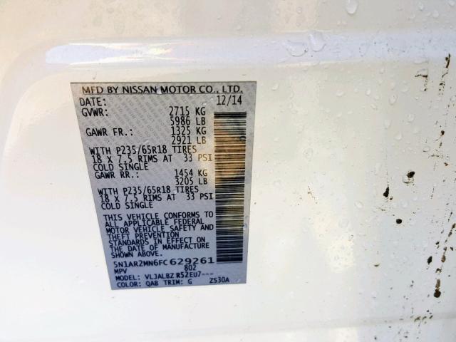 5N1AR2MN6FC629261 - 2015 NISSAN PATHFINDER WHITE photo 10