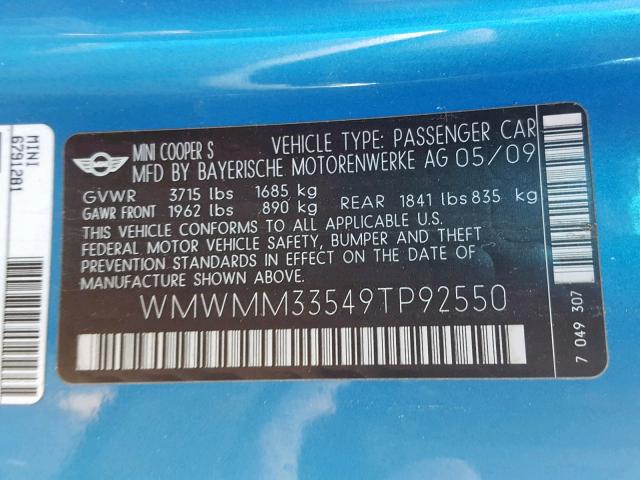 WMWMM33549TP92550 - 2009 MINI COOPER S C BLUE photo 10