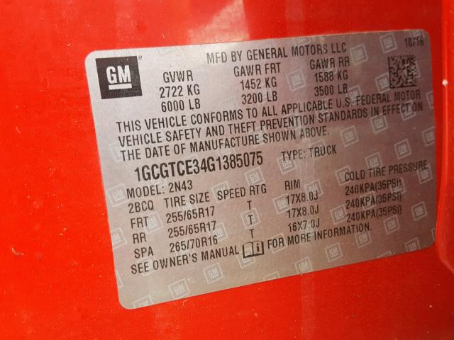 1GCGTCE34G1385075 - 2016 CHEVROLET COLORADO L RED photo 10