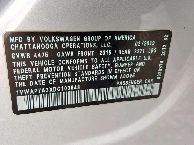 1VWAP7A3XDC103848 - 2013 VOLKSWAGEN PASSAT S SILVER photo 10