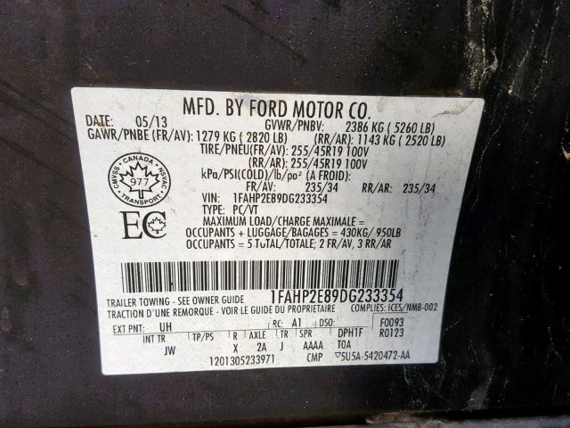 1FAHP2E89DG233354 - 2013 FORD TAURUS SEL BLACK photo 10