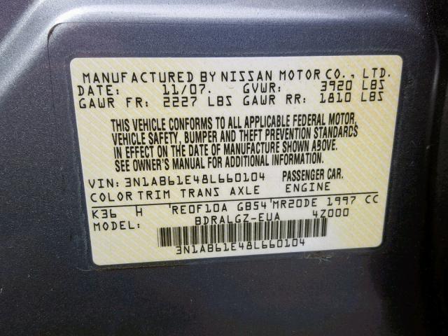 3N1AB61E48L660104 - 2008 NISSAN SENTRA 2.0 GRAY photo 10