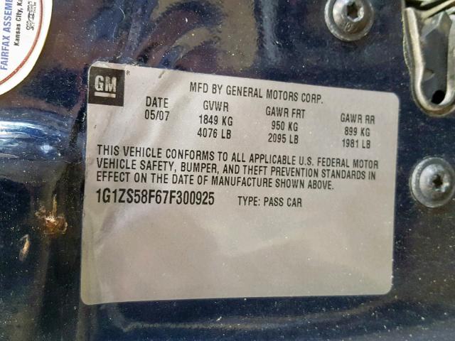 1G1ZS58F67F300925 - 2007 CHEVROLET MALIBU LS 蓝色 照片 10