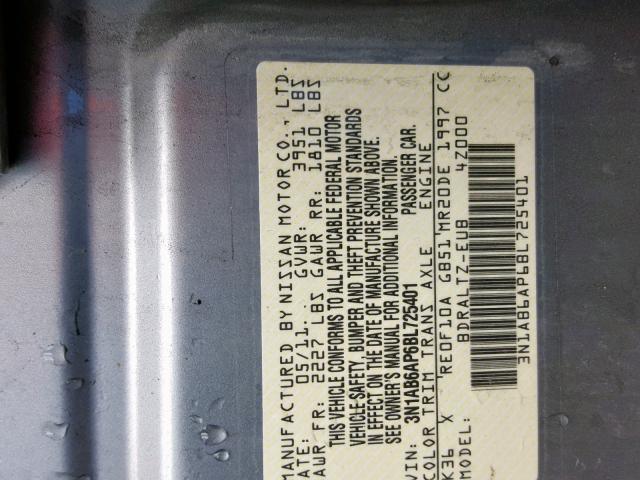 3N1AB6AP6BL725401 - 2011 NISSAN SENTRA 2.0 GRAY photo 10