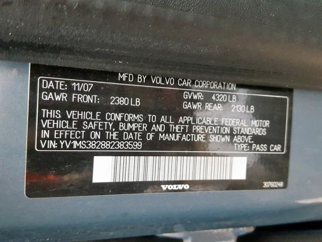 YV1MS382882383599 - 2008 VOLVO S40 2.4I GRAY photo 10