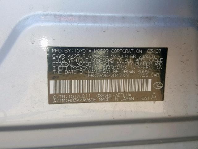 JTHBK262872045224 - 2007 LEXUS IS 250 SILVER photo 10