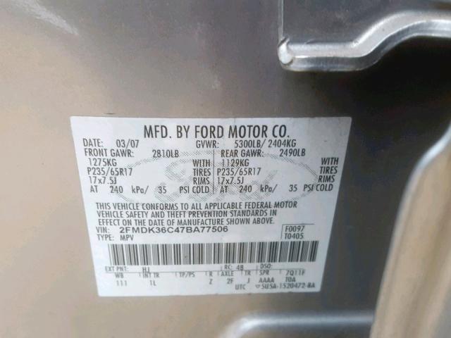 2FMDK36C47BA77506 - 2007 FORD EDGE SE GRAY photo 10