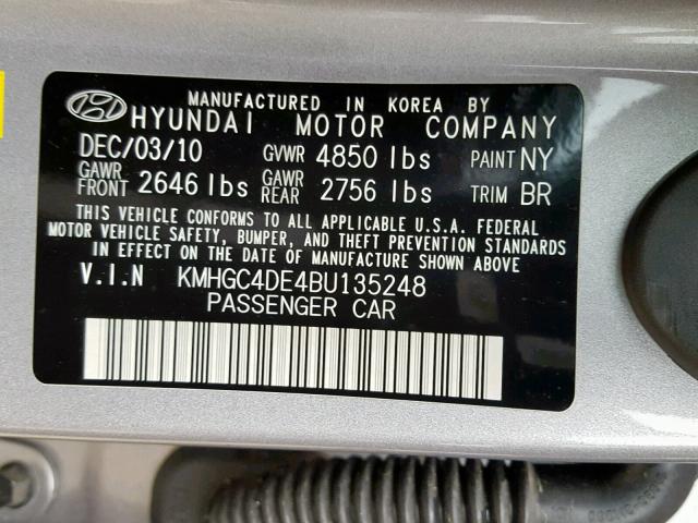 KMHGC4DE4BU135248 - 2011 HYUNDAI GENESIS 3. SILVER photo 10