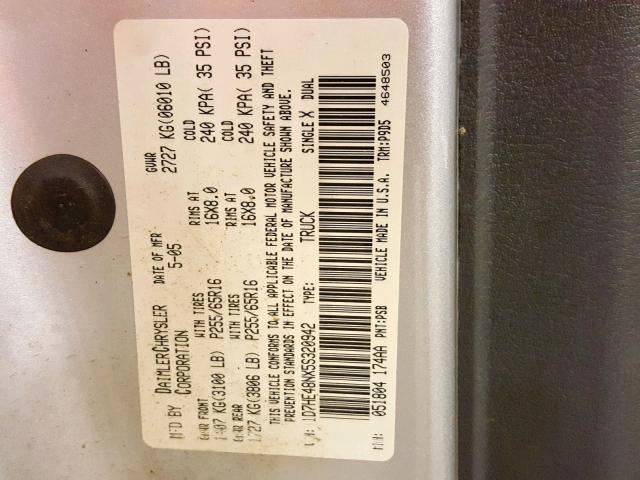 1D7HE48NX5S320942 - 2005 DODGE DAKOTA QUA GRAY photo 10