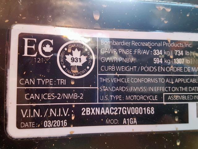 2BXNAAC27GV000168 - 2016 CAN-AM SPYDER ROA BLACK photo 8