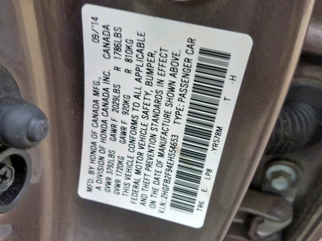 2HGFB2F94EH554653 - 2014 HONDA CIVIC EXL GRAY photo 10