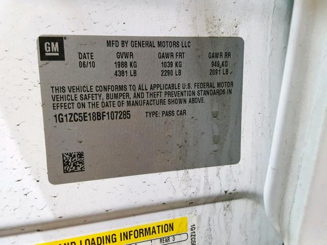 1G1ZC5E18BF107285 - 2011 CHEVROLET MALIBU 1LT 白色 照片 10