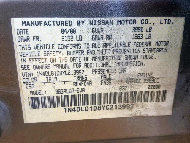 1N4DL01D8YC213997 - 2000 NISSAN ALTIMA XE BROWN photo 10