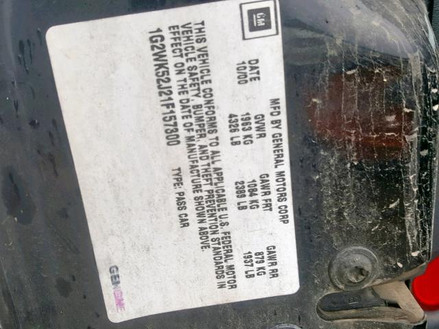 1G2WK52J21F157300 - 2001 PONTIAC GRAND PRIX BLACK photo 10