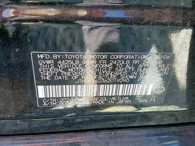 JTHBK262362019290 - 2006 LEXUS IS 250 BLACK photo 10