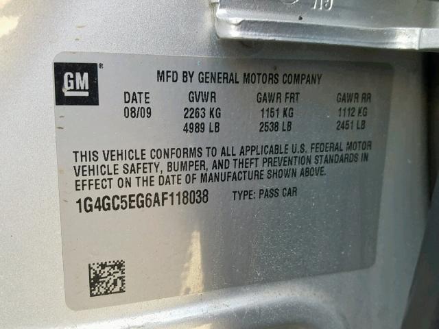 1G4GC5EG6AF118038 - 2010 BUICK LACROSSE C SILVER photo 10