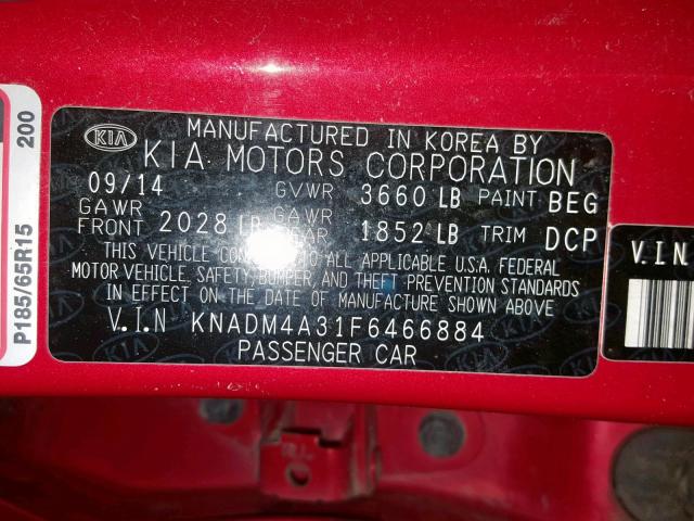 KNADM4A31F6466884 - 2015 KIA RIO LX RED photo 10